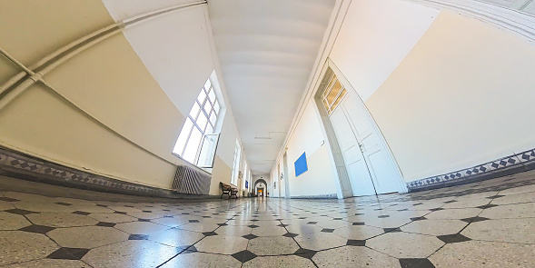 Brussels, Belgium - April 05, 2020: Empty Interior of the main lobby of Brussels Central Train Station during the confinement period.