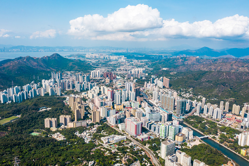 Drone view of downtown cityscape in Tuen Mun, Hong Kong
