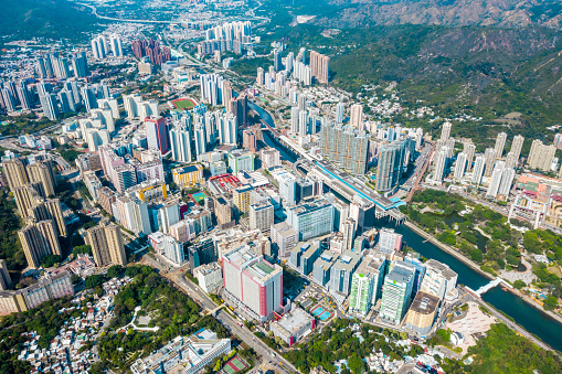 Drone view of downtown cityscape in Tuen Mun, Hong Kong