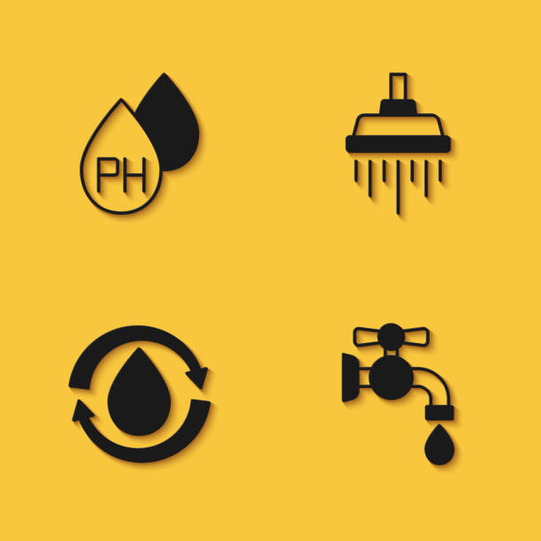 istock Set Water drop, tap, Recycle clean aqua and Shower icon with long shadow. Vector 2141598014