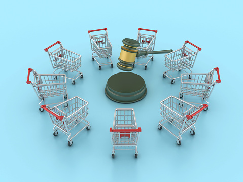 Legal Gavel with Shopping Carts - Colored Background - 3D Rendering