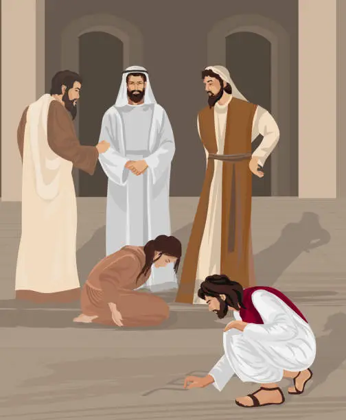 Vector illustration of Biblical vector art. Jesus, sinner woman and pharisees.