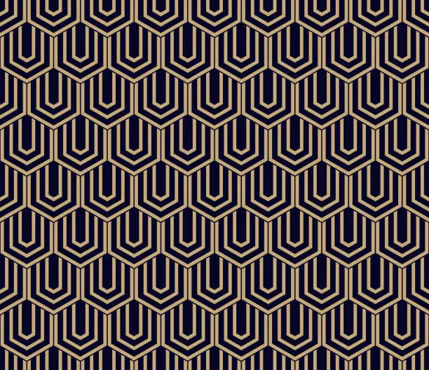 Vector illustration of Vector abstract geometric seamless pattern with hexagons, lines. Gold and black