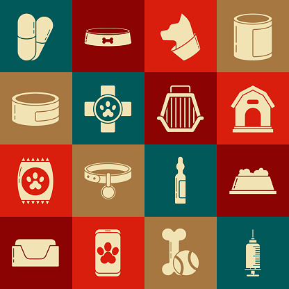 Set Syringe with pet vaccine Pet food bowl Dog house Cat Veterinary clinic symbol Canned and pills and carry case icon. Vector.