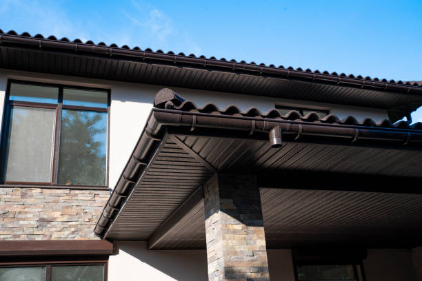 istock Roof overhang with plastic soffits and rain gutter system 2141685261