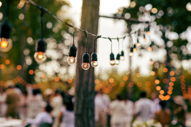 istock Decorative outdoor string light bulb hanging on tree in party wedding ceremony garden 2141694753