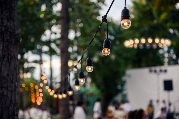 istock Decorative outdoor string light bulb hanging on tree in party wedding ceremony garden 2141704225