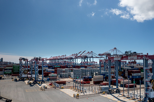 A drone shot of freight transporters and containers in the Port of Long Beach on a sunny day.