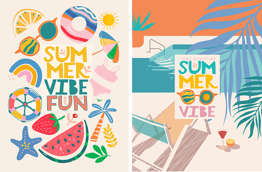 Summer vibe. Set of cute trendy vector illustrations: logo, pattern, watermelon, resort, woman by the pool, beach, strawberry, swimsuit, sunglasses, sun for poster, card or background