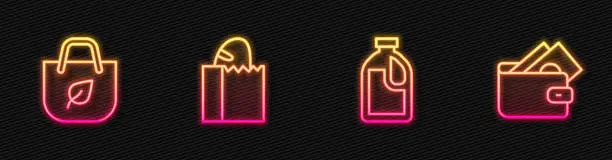 Vector illustration of Set line Bottle for cleaning agent, Shopping bag with recycle, Paper bread loaf and Wallet money. Glowing neon icon. Vector