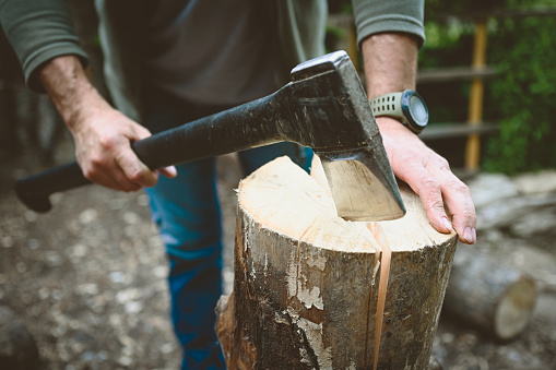 Mature adult man chopping wood in the yard