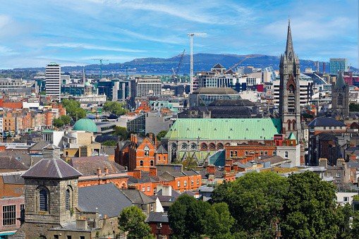 high angle view of the skyline of Dublin (Ireland).