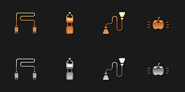 Set Jump rope, Bottle of water, Chest expander and Apple icon. Vector.