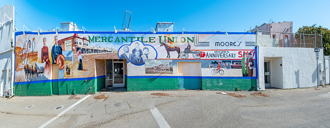 Lompoc, USA - April 21, 2019: visiting the village of Lompoc with colorful murals at the historic mercantile union building from 1891.