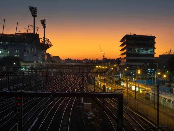 Melbourne train system and train track at sunrise