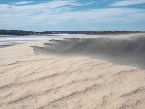Top of wind blown sand dune, next to Hutt Lagoon, Port Gregory Western Australia