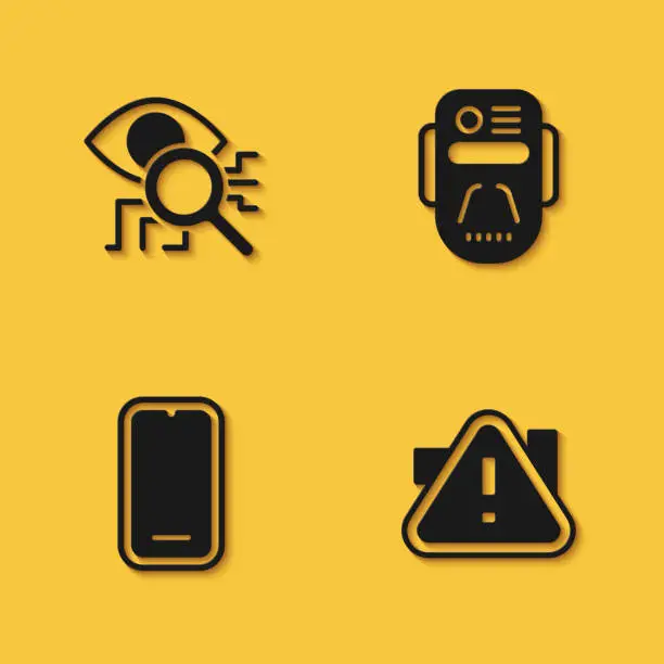 Vector illustration of Set Eye scan, Exclamation mark in triangle, Mobile phone and Artificial intelligence robot icon with long shadow. Vector