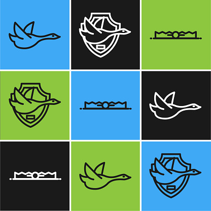 Set line Flying duck, Trap hunting and Flying duck on shield icon. Vector