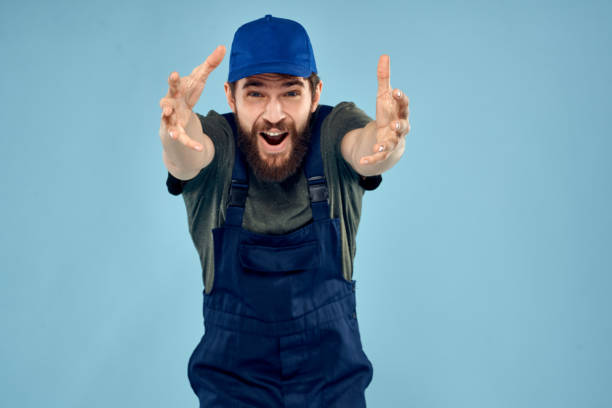 istock Man in working uniform emotions in life delivery service work 2141900105
