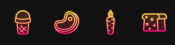 istock Set line Carrot, Ice cream in waffle, Steak meat and Bread toast. Glowing neon icon. Vector 2141920196