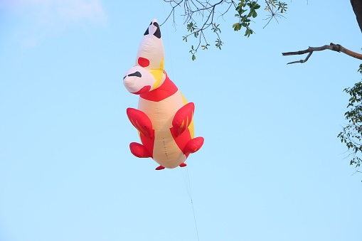 Colorful balloon kite flying in the blue sky in sunny summer day at Can Tho city, Vietnam.