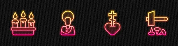 Vector illustration of Set line Religious cross in heart, Burning candle candlestick, Jesus Christ and Crucifixion of. Glowing neon icon. Vector