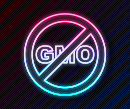 Glowing neon line No GMO icon isolated Glowing neon line background. Genetically modified organism acronym. Dna food modification. Vector.