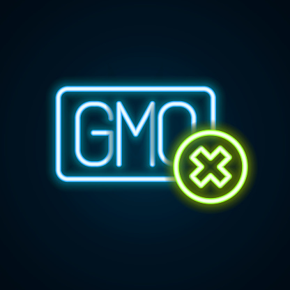 Glowing neon line No GMO icon isolated on black background. Genetically modified organism acronym. Dna food modification. Colorful outline concept. Vector.