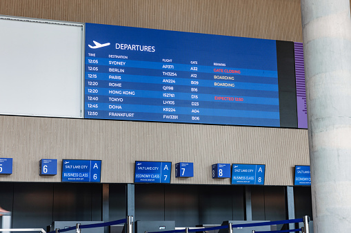 Arrivals and departures board at the airport.