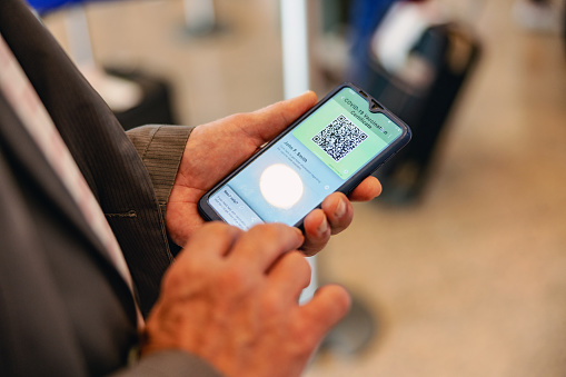 Cropped image of businessman having online airplane ticket on his smartphone.