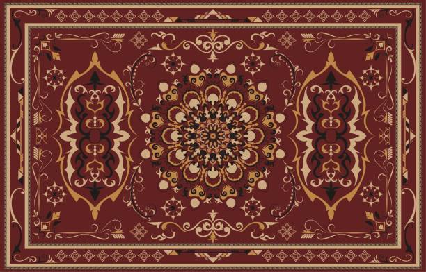 Red and gold carpet with abstract geometric and floral patterns.