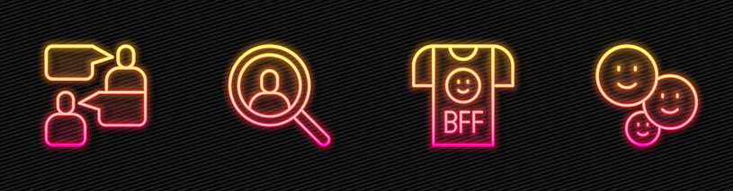 Set line BFF or best friends forever, Two sitting men talking, Magnifying glass search and Happy friendship day. Glowing neon icon. Vector.