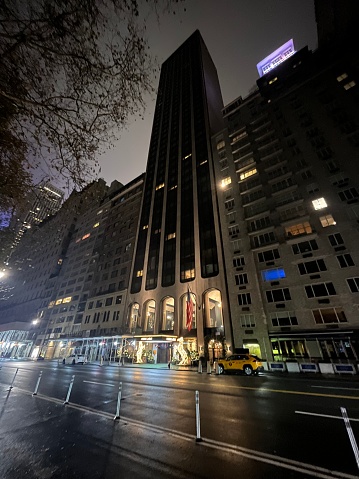 Rainy Downtown Illuminated Building Facade, Manhattan, New York City