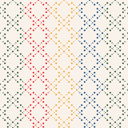 Bright seamless pattern with diamonds, rhombuses, dotted lines. Abstract graphic ornament for wallpaper, fabric, linen, kids textile, scrapbook.