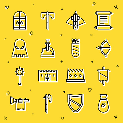 Set line Old money bag Medieval flag bow and arrow Battle crossbow with Sword in the stone Executioner mask castle gate and Quiver arrows icon. Vector.