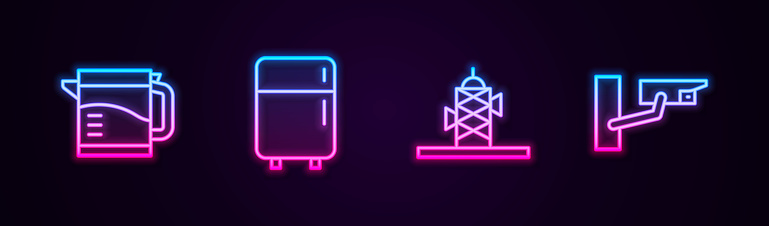 Set line Electric kettle, Refrigerator, Antenna and Security camera. Glowing neon icon. Vector.