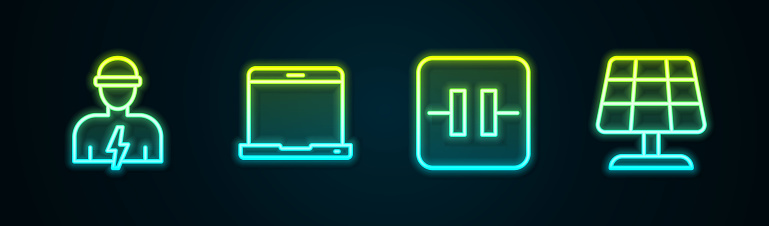 Set line Electrician Laptop Electrolytic capacitor and Solar energy panel. Glowing neon icon. Vector.