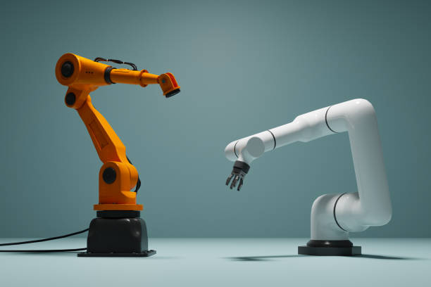 istock Industry 4.0 and Industrial robots in smart factory. 3d rendering 2142086882