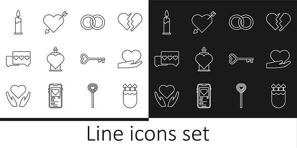 Set line Quiver and arrows with heart Heart in hand Wedding rings Bottle love potion Like Burning candle Key shape and Amour icon. Vector.