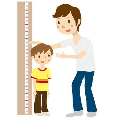Illustration of a father measuring his son's height with a pillar