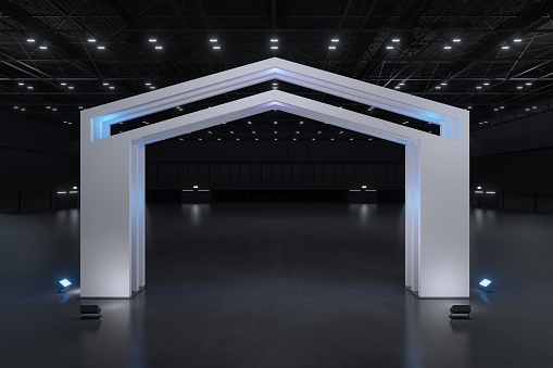 Exhibition Archway for mockup and Corporate identity,Display design.Empty booth Design.Retail booth elements in Exhibition hall.booth Design trade show.Blank Booth system of Graphic Resources.3d Background for online Event,conference,live.3d render.