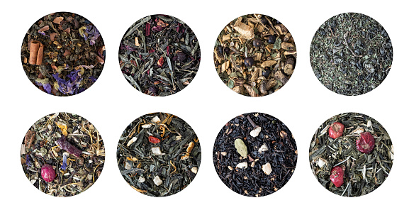 Collection of various tea blends in circular frames.