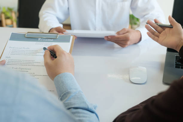 istock Job interview by manager and human resources, employment, recruiting people 2142124892