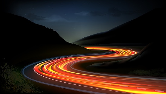Car speed lights. Glowing trail, highway road line, fast and long night exposure, red lane blurred effect. Mountains and night sky. Moving car. Vector abstract background with dynamic flashlight