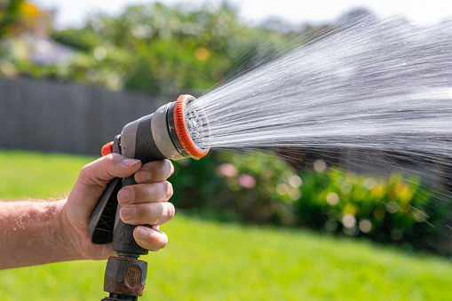 Garden hose with adjustable nozzle. Man's hand holding spray gun and watering plants, spraying water on grass in backyard.