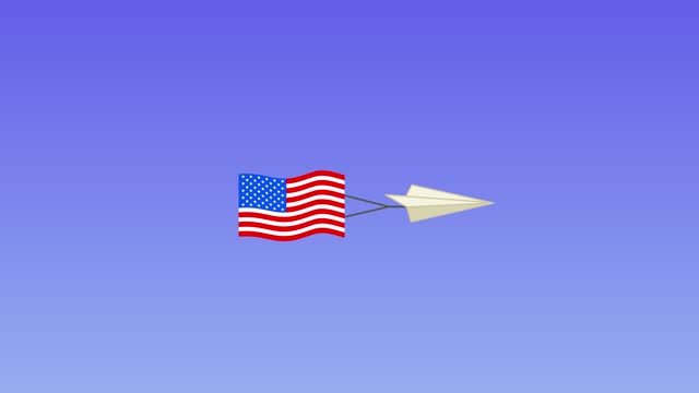 Paper plane with waving American flag flying in the blue sky cartoon looped animation