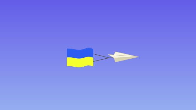 Ukrainian flag waving plane in the sky cartoon style animation. Paper plane airlines