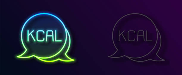 istock Glowing neon line Kcal icon isolated on isolated on black background. Health food. Vector 2142134618