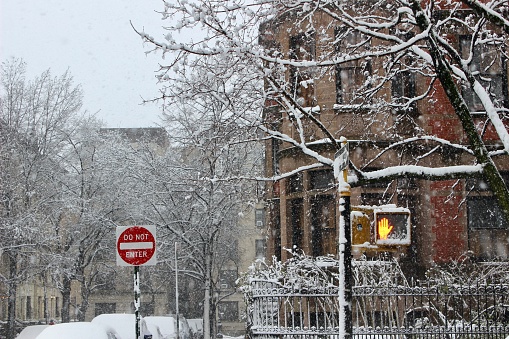 Do Not Enter sign and traffic light on a street corner in Harlem, New York City during a snow storm