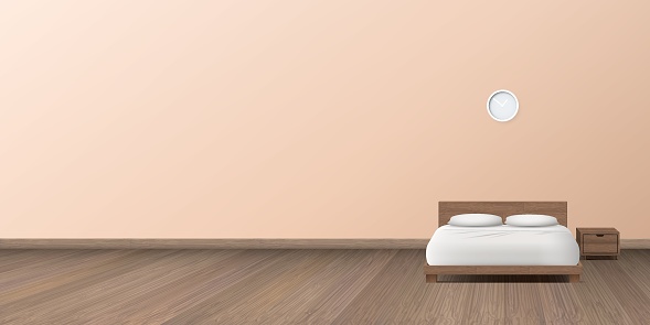 King size bed on wooden floor in the bedroom have peach tone wall background vector illustration.